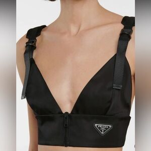 Prada Re-Nylon Black Leather Bralette zipper front with Logo Plaque